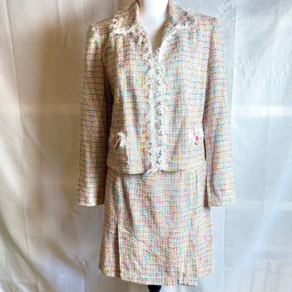 Vintage Newport News Sz 12 Pastel Tweed 2 Pc Suit Fringe Y2K Legally Blonde - Picture 1 of 16